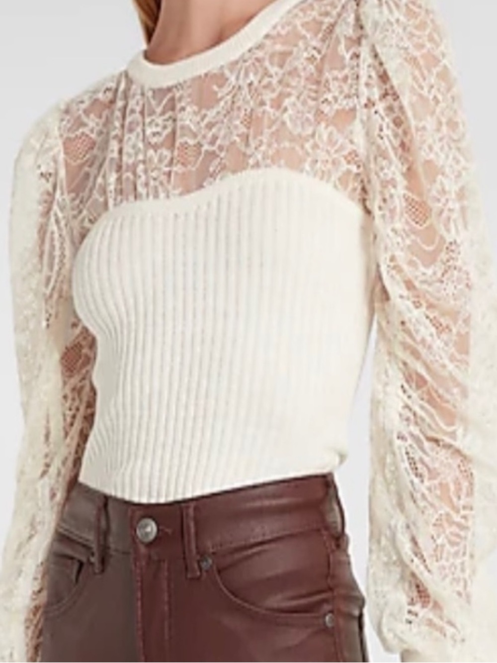 NWT Express Lace Long Puff Sleeve Ribbed Knit Top Ivory Feminine Size Large